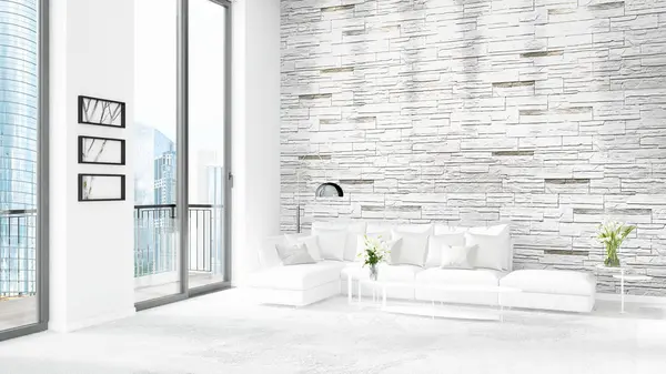 Yepyeni beyaz çatı katı yatak odası en az stil iç tasarım boşaltmak duvar ve görünümü penceresi dışında. 3D render.