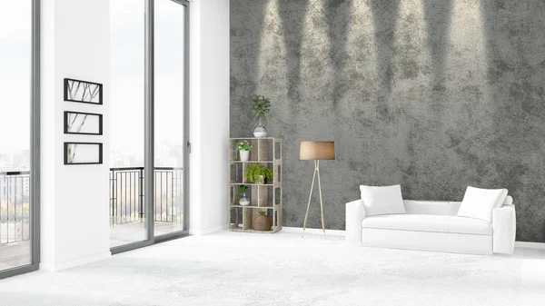 Nuevo dormitorio loft blanco de diseño interior de estilo minimalista con pared de copyspace y vista desde la ventana. Renderizado 3D . —  Fotos de Stock