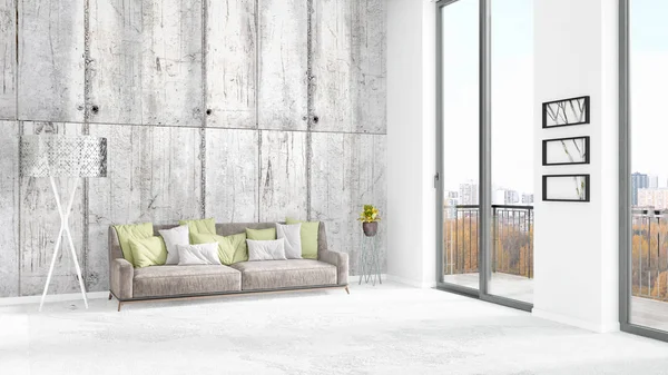 Yepyeni beyaz çatı katı yatak odası en az stil iç tasarım boşaltmak duvar ve görünümü penceresi dışında. 3D render.