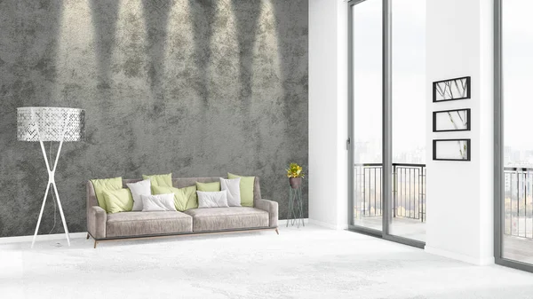 Yepyeni beyaz çatı katı yatak odası en az stil iç tasarım boşaltmak duvar ve görünümü penceresi dışında. 3D render.