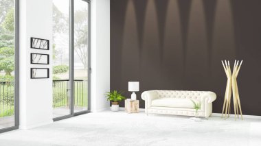 Yepyeni beyaz çatı katı yatak odası en az stil iç tasarım boşaltmak duvar ve görünümü penceresi dışında. 3D render.