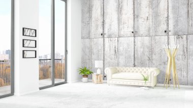 Yepyeni beyaz çatı katı yatak odası en az stil iç tasarım boşaltmak duvar ve görünümü penceresi dışında. 3D render.