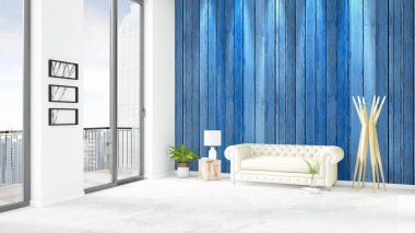 Yepyeni beyaz çatı katı yatak odası en az stil iç tasarım boşaltmak duvar ve görünümü penceresi dışında. 3D render.