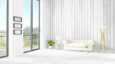 Yepyeni beyaz çatı katı yatak odası en az stil iç tasarım boşaltmak duvar ve görünümü penceresi dışında. 3D render.