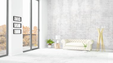 Yepyeni beyaz çatı katı yatak odası en az stil iç tasarım boşaltmak duvar ve görünümü penceresi dışında. 3D render.