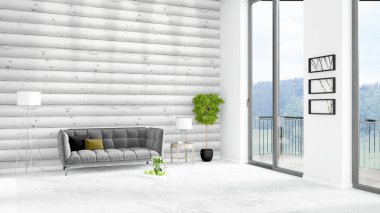 Yepyeni beyaz çatı katı yatak odası en az stil iç tasarım boşaltmak duvar ve görünümü penceresi dışında. 3D render.