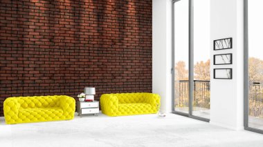 Yepyeni beyaz çatı katı yatak odası en az stil iç tasarım boşaltmak duvar ve görünümü penceresi dışında. 3D render.