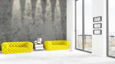 Yepyeni beyaz çatı katı yatak odası en az stil iç tasarım boşaltmak duvar ve görünümü penceresi dışında. 3D render.