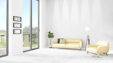 Yepyeni beyaz çatı katı yatak odası en az stil iç tasarım boşaltmak duvar ve görünümü penceresi dışında. 3D render.