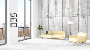 Yepyeni beyaz çatı katı yatak odası en az stil iç tasarım boşaltmak duvar ve görünümü penceresi dışında. 3D render.