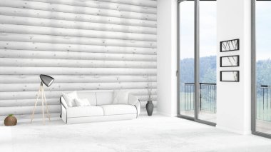 Yepyeni beyaz çatı katı yatak odası en az stil iç tasarım boşaltmak duvar ve görünümü penceresi dışında. 3D render.