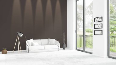 Yepyeni beyaz çatı katı yatak odası en az stil iç tasarım boşaltmak duvar ve görünümü penceresi dışında. 3D render.