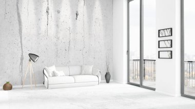 Yepyeni beyaz çatı katı yatak odası en az stil iç tasarım boşaltmak duvar ve görünümü penceresi dışında. 3D render.