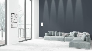 Yepyeni beyaz çatı katı yatak odası en az stil iç tasarım boşaltmak duvar ve görünümü penceresi dışında. 3D render.