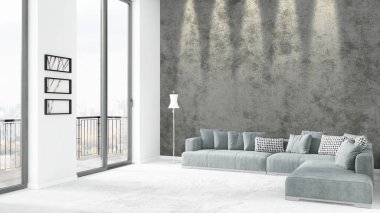 Yepyeni beyaz çatı katı yatak odası en az stil iç tasarım boşaltmak duvar ve görünümü penceresi dışında. 3D render.