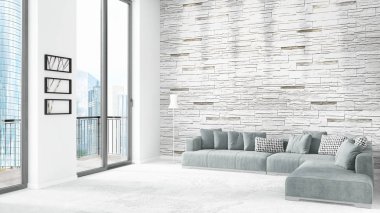 Yepyeni beyaz çatı katı yatak odası en az stil iç tasarım boşaltmak duvar ve görünümü penceresi dışında. 3D render.