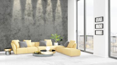 Yepyeni beyaz çatı katı yatak odası en az stil iç tasarım boşaltmak duvar ve görünümü penceresi dışında. 3D render.