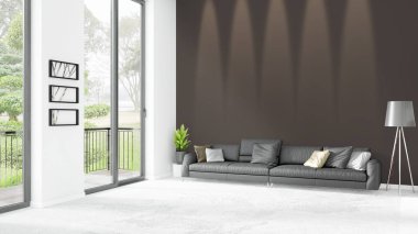 Yepyeni beyaz çatı katı yatak odası en az stil iç tasarım boşaltmak duvar ve görünümü penceresi dışında. 3D render.