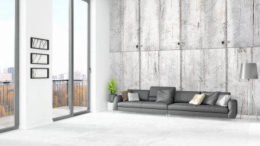 Yepyeni beyaz çatı katı yatak odası en az stil iç tasarım boşaltmak duvar ve görünümü penceresi dışında. 3D render.