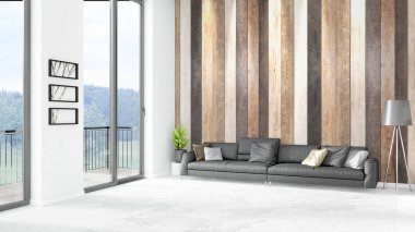 Yepyeni beyaz çatı katı yatak odası en az stil iç tasarım boşaltmak duvar ve görünümü penceresi dışında. 3D render.