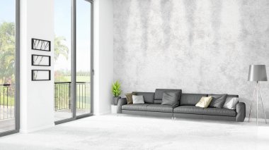 Yepyeni beyaz çatı katı yatak odası en az stil iç tasarım boşaltmak duvar ve görünümü penceresi dışında. 3D render.