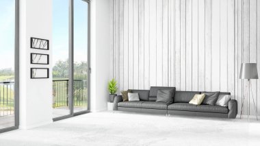 Yepyeni beyaz çatı katı yatak odası en az stil iç tasarım boşaltmak duvar ve görünümü penceresi dışında. 3D render.