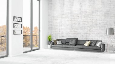 Yepyeni beyaz çatı katı yatak odası en az stil iç tasarım boşaltmak duvar ve görünümü penceresi dışında. 3D render.