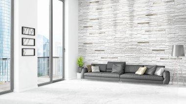 Yepyeni beyaz çatı katı yatak odası en az stil iç tasarım boşaltmak duvar ve görünümü penceresi dışında. 3D render.