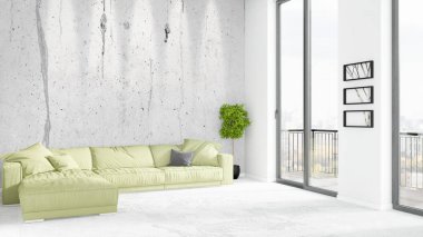 Yepyeni beyaz çatı katı yatak odası en az stil iç tasarım boşaltmak duvar ve görünümü penceresi dışında. 3D render.