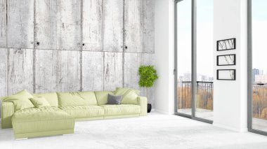 Yepyeni beyaz çatı katı yatak odası en az stil iç tasarım boşaltmak duvar ve görünümü penceresi dışında. 3D render.