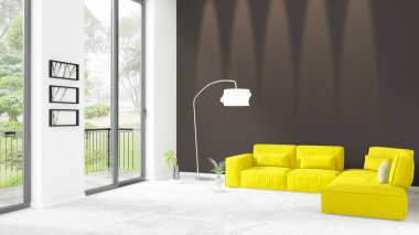 Yepyeni beyaz çatı katı yatak odası en az stil iç tasarım boşaltmak duvar ve görünümü penceresi dışında. 3D render.