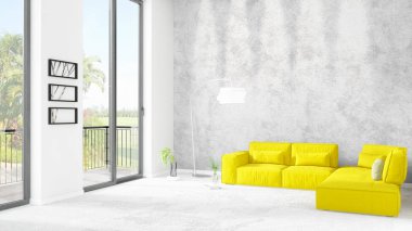 Yepyeni beyaz çatı katı yatak odası en az stil iç tasarım boşaltmak duvar ve görünümü penceresi dışında. 3D render.