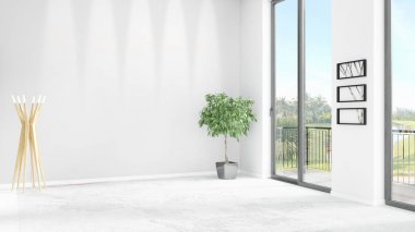 Yepyeni beyaz çatı katı yatak odası en az stil iç tasarım boşaltmak duvar ve görünümü penceresi dışında. 3D render.