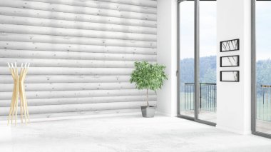 Yepyeni beyaz çatı katı yatak odası en az stil iç tasarım boşaltmak duvar ve görünümü penceresi dışında. 3D render.