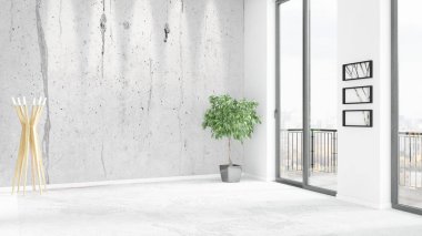 Yepyeni beyaz çatı katı yatak odası en az stil iç tasarım boşaltmak duvar ve görünümü penceresi dışında. 3D render.