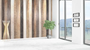 Yepyeni beyaz çatı katı yatak odası en az stil iç tasarım boşaltmak duvar ve görünümü penceresi dışında. 3D render.