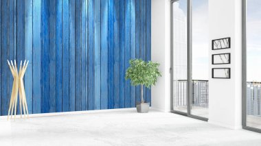 Yepyeni beyaz çatı katı yatak odası en az stil iç tasarım boşaltmak duvar ve görünümü penceresi dışında. 3D render.