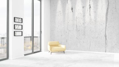 Yepyeni beyaz çatı katı yatak odası en az stil iç tasarım boşaltmak duvar ve görünümü penceresi dışında. 3D render.