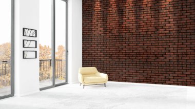 Yepyeni beyaz çatı katı yatak odası en az stil iç tasarım boşaltmak duvar ve görünümü penceresi dışında. 3D render.