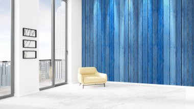 Yepyeni beyaz çatı katı yatak odası en az stil iç tasarım boşaltmak duvar ve görünümü penceresi dışında. 3D render.