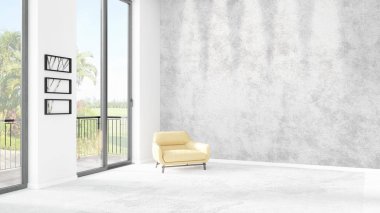 Yepyeni beyaz çatı katı yatak odası en az stil iç tasarım boşaltmak duvar ve görünümü penceresi dışında. 3D render.