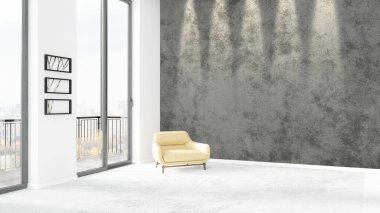 Yepyeni beyaz çatı katı yatak odası en az stil iç tasarım boşaltmak duvar ve görünümü penceresi dışında. 3D render.