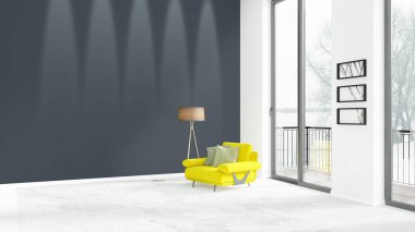 Yepyeni beyaz çatı katı yatak odası en az stil iç tasarım boşaltmak duvar ve görünümü penceresi dışında. 3D render.