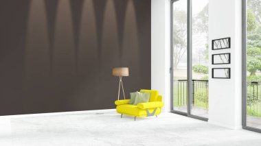 Yepyeni beyaz çatı katı yatak odası en az stil iç tasarım boşaltmak duvar ve görünümü penceresi dışında. 3D render.