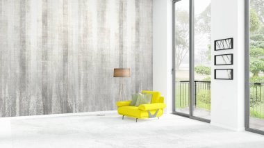 Yepyeni beyaz çatı katı yatak odası en az stil iç tasarım boşaltmak duvar ve görünümü penceresi dışında. 3D render.