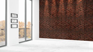 Yepyeni beyaz çatı katı yatak odası en az stil iç tasarım boşaltmak duvar ve görünümü penceresi dışında. 3D render.