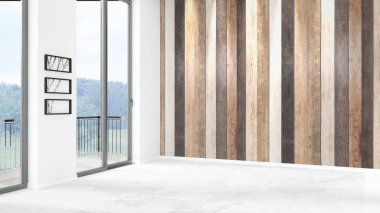 Yepyeni beyaz çatı katı yatak odası en az stil iç tasarım boşaltmak duvar ve görünümü penceresi dışında. 3D render.