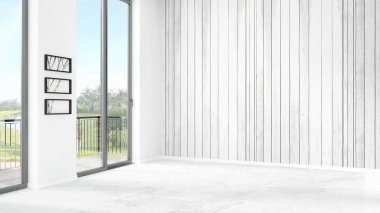 Yepyeni beyaz çatı katı yatak odası en az stil iç tasarım boşaltmak duvar ve görünümü penceresi dışında. 3D render.