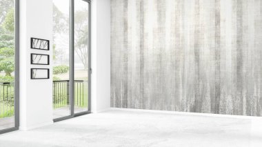 Yepyeni beyaz çatı katı yatak odası en az stil iç tasarım boşaltmak duvar ve görünümü penceresi dışında. 3D render.