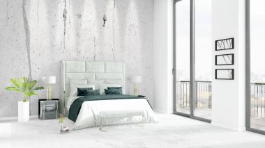 Yepyeni beyaz çatı katı yatak odası en az stil iç tasarım boşaltmak duvar ve görünümü penceresi dışında. 3D render.